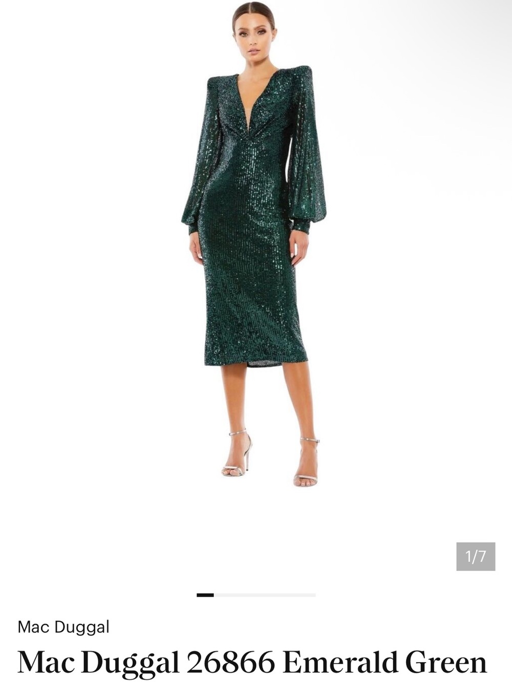 Mac Duggal Emerald Green Sequin Midi Dress with Plunging V-Neck